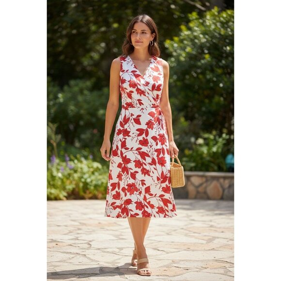 Banana Republic Red White Floral Print Sleeveless Midi Dress Size 20 2X Plus Sz - Picture 1 of 8